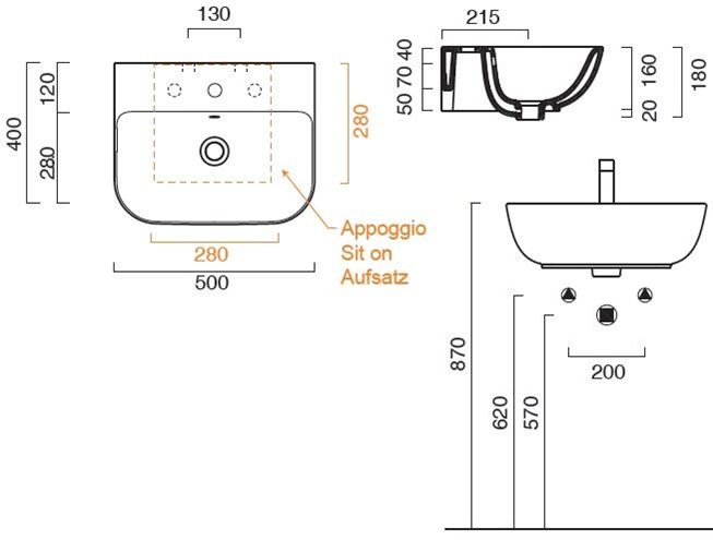 CONCEPT S umývadlo 50 cm, s otvorom pre batériu a prepadom, Cataglaze 0720501001 Technický nákres