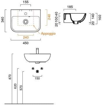 CONCEPT S umývadlo 45 cm, bez otvoru pre batériu, s prepadom, Cataglaze 45BSFWH Technický nákres