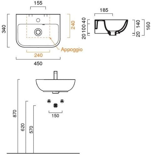 CONCEPT S umývadlo 45 cm, bez otvoru pre batériu, s prepadom, Cataglaze 45BSFWH Technický nákres