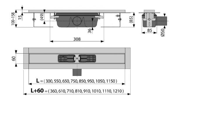 CONCEPT 100 sprchový žľab 1050 mm, do priestoru aj k stene, bočný odtok DN 50, bez roštu, PP/nerez oceľ ZPC1-1050 Technický nákres