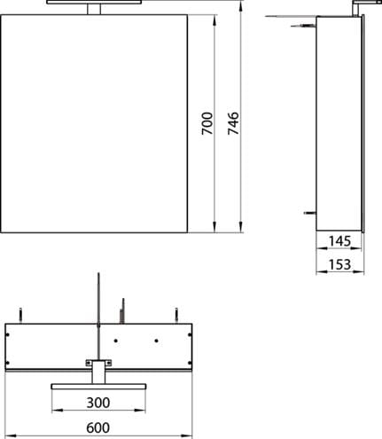 EMCO MEE zrkadlová skrinka 60x74,6x15,3 cm, osvetlenie, s vypínačom a el. zásuvkou, hliník, strieborná 949805049 Technický nákres