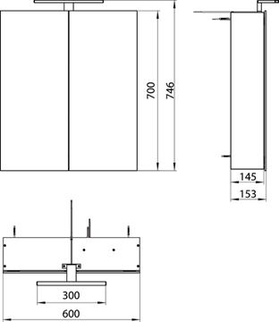 EMCO MEE zrkadlová skrinka 60x74,6x15,3 cm, osvetlenie, s vypínačom a el. zásuvkou, hliník, strieborná 949805050 Technický nákres