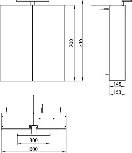EMCO MEE zrkadlová skrinka 60x74,6x15,3 cm, osvetlenie, s vypínačom a el. zásuvkou, hliník, strieborná 949805050 Technický nákres