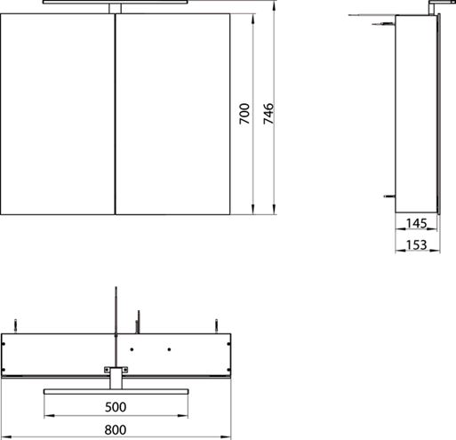 EMCO MEE zrkadlová skrinka 80x74,6x15,3 cm, osvetlenie, s vypínačom a el. zásuvkou, hliník, strieborná 949805051 Technický nákres