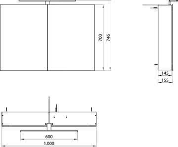 EMCO MEE zrkadlová skrinka 100x74,6x15,5 cm, osvetlenie, s vypínačom a el. zásuvkou, hliník, strieborná 949805052 Technický nákres