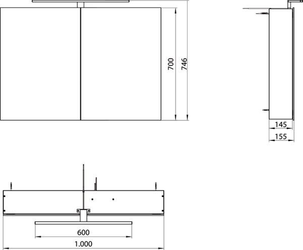 EMCO MEE zrkadlová skrinka 100x74,6x15,5 cm, osvetlenie, s vypínačom a el. zásuvkou, hliník, strieborná 949805052 Technický nákres