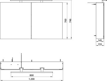 EMCO MEE zrkadlová skrinka 120x74, 6x15, 5 cm, osvetlenie, s vypínačom a el. zásuvkou, hliník, strieborná 949805053 Technický nákres