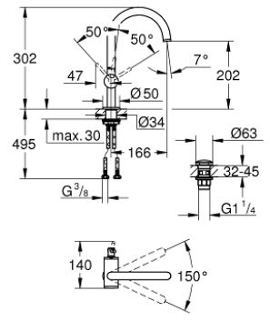 GROHE ATRIO umývadlová stojanková batéria, s odtokovou súpravou, chróm 32042003 Technický nákres