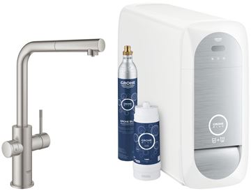 GROHE BLUE HOME drezová elektronická batéria, s vyťahovacou koncovkou, s filtračným a chladiacim zariadením, Bluetooth, napájanie zo siete, supersteel