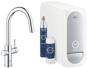 GROHE BLUE HOME drezová elektronická batéria, s vyťahovacou koncovkou, s filtračným a chladiacim zariadením, Bluetooth, napájanie zo siete, chróm