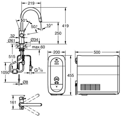GROHE BLUE HOME drezová elektronická batéria, s vyťahovacou koncovkou, s filtračným a chladiacim zariadením, Bluetooth, napájanie zo siete, chróm 31541000 Technický nákres