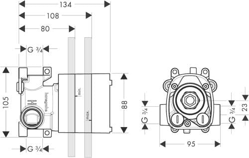 AXOR SHOWER SOLUTIONS podomietkové teleso DN20 10754180 Technický nákres