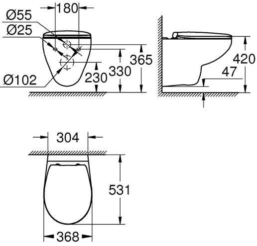 GROHE BAU CERAMIC závesné WC so SoftClose sedátkom, Rimless splachovanie, alpská biela 39351000 Technický nákres