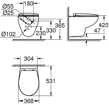 GROHE BAU CERAMIC závesné WC so SoftClose sedátkom, Rimless splachovanie, alpská biela 39351000 Technický nákres