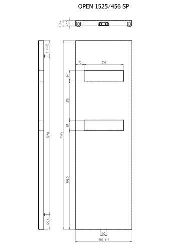 CONCEPT 300 OPEN designový radiátor 1525/456, stredové pripojenie, snehovo biela RAL9016 COP15250456SM015008 Technický nákres