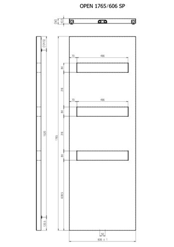 CONCEPT 300 OPEN designový radiátor 1765/606, stredové pripojenie, snehovo biela RAL9016 COP17650606SM015008 Technický nákres