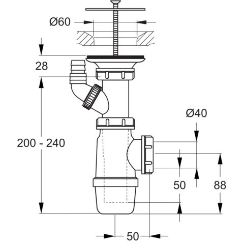 IDEAL STANDARD drezový sifón DN40, s prípojkou a neuzatvárateľným výpustom D5870AA Technický nákres