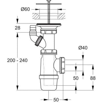 IDEAL STANDARD drezový sifón DN40, s prípojkou a neuzatvárateľným výpustom D5870AA Technický nákres