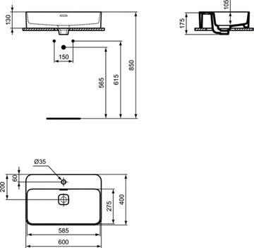 IDEAL STANDARD STRADA II umývadlo na dosku 60 cm, s otvorom pre batériu a prepadom T299801 Technický nákres