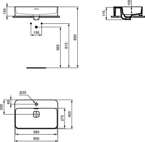 IDEAL STANDARD STRADA II umývadlo na dosku 60 cm, s otvorom pre batériu a prepadom T299801 Technický nákres