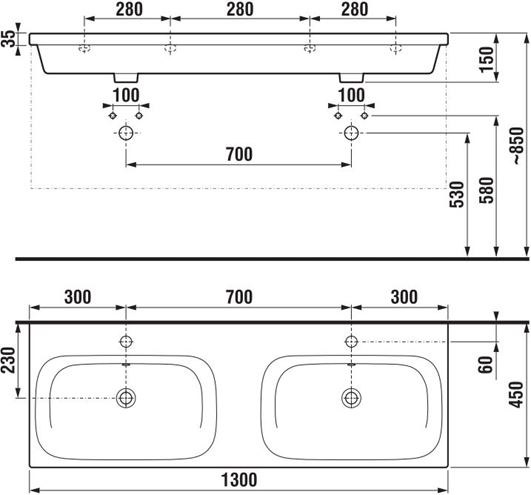 JIKA MIO-N dvojumývadlo 130 cm, s 2 otvormi pre batérie a prepadom H8147140001041 Technický nákres