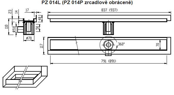 AZP BRNO sprchový žľab 800 mm, do rohu, bočný odtok DN 50, rošt na vloženie dlažby, ľavý, nerez oceľ PZ 014L.800 Technický nákres