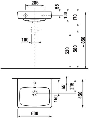 JIKA LYRA PLUS umývadlo 60 cm, s otvorom pre batériu a prepadom H8103820001041 Technický nákres