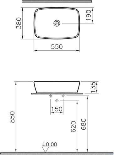 VITRA SHIFT umývadlová misa 55 cm, bez prepadu, brúsená, VitrAhygiene 7075B003-0016 Technický nákres