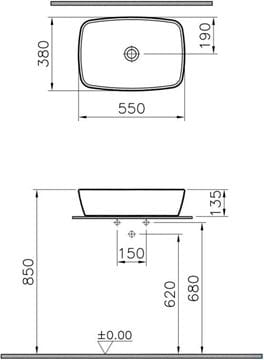 VITRA SHIFT umývadlová misa 55 cm, bez prepadu, brúsená, VitrAhygiene 7075B003-0016 Technický nákres