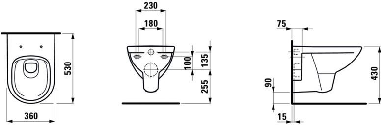 LAUFEN PRO závesné WC, Rimless splachovanie H8209600000001 Technický nákres