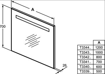IDEAL STANDARD MIRROR & LIGHT zrkadlo 100x70 cm, s osvetlením, s vyhrievaním T3343BH Technický nákres