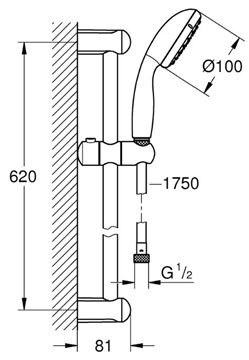 GROHE NEW TEMPESTA 100 sprchová súprava 3-dielna, ručná sprcha pr. 100 mm, 2 prúdy, tyč, hadica, chróm 27598001 Technický nákres