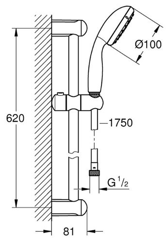 GROHE NEW TEMPESTA 100 sprchová súprava 3-dielna, ručná sprcha pr. 100 mm, 2 prúdy, tyč, hadica, chróm 27598001 Technický nákres