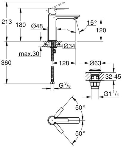 GROHE LINEARE umývadlová stojanková batéria, s odtokovou súpravou, supersteel 23106DC1 Technický nákres
