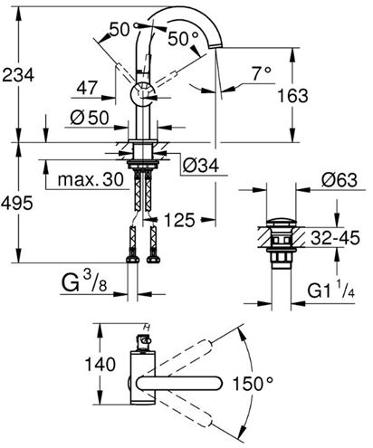 GROHE ATRIO umývadlová stojanková batéria, s odtokovou súpravou, chróm 32043003 Technický nákres