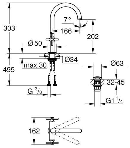 GROHE ATRIO umývadlová stojanková batéria, s odtokovou súpravou, chróm 21019003 Technický nákres