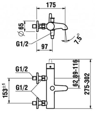LAUFEN PURE vaňová nástenná batéria, s prepínačom, so sprchovou súpravou, chróm HF901760100600 Technický nákres