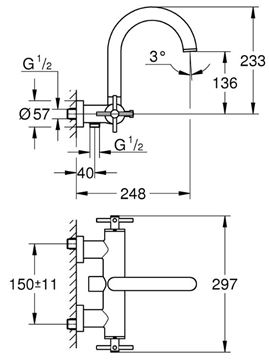 GROHE ATRIO vaňová nástenná batéria, s prepínačom, chróm 25010003 Technický nákres