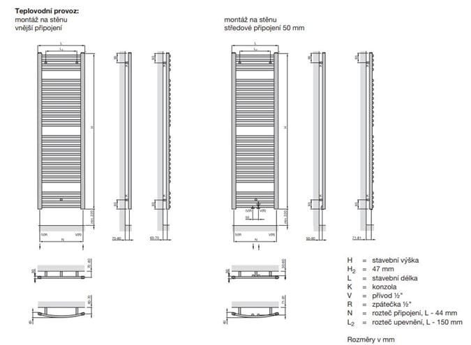 ZEHNDER VIRANDO radiátor 1466x600mm, 794W, kúpeľňový, rovný, teplovodný, biela AB-150-060 Technický nákres