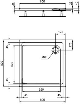 CONCEPT 200 sprchová vanička 80x80 cm, akrylát, bez nožičiek K866801 Technický nákres