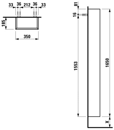 LAUFEN BASE vysoká skrinka 35x18, 5x165 cm, 1 dvierka, pánty vľavo, lesklá biela H4026511102611 Technický nákres