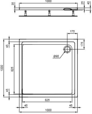 CONCEPT 200 sprchová vanička 100x100 cm, akrylát, bez nožičiek K867001 Technický nákres