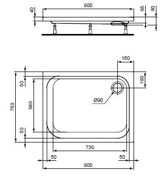 CONCEPT 100 sprchová vanička 90x75 cm, akrylát, bez nožičiek K864801 Technický nákres