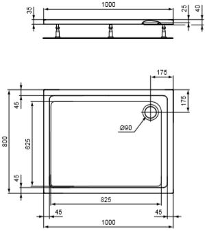 CONCEPT 200 sprchová vanička 100x80 cm, akrylát, bez nožičiek K867201 Technický nákres
