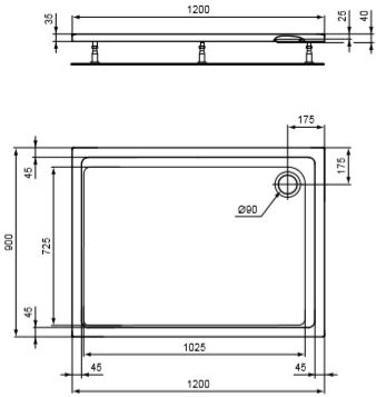 CONCEPT 200 sprchová vanička 120x90 cm, akrylát, bez nožičiek K867501 Technický nákres