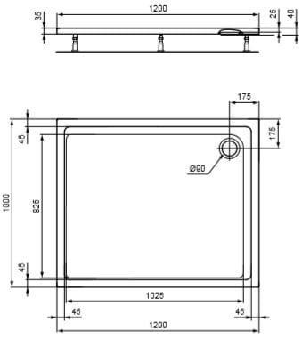 CONCEPT 200 sprchová vanička 120x100 cm, akrylát, bez nožičiek K867601 Technický nákres