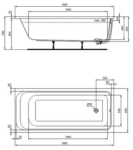 CONCEPT 100 vaňa 180x80 cm, bez nožičiek, akrylát K864201 Technický nákres