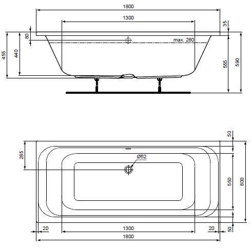 CONCEPT 100 vaňa duo 180x80 cm, pre 2 osoby, bez nožičiek, akrylát K864301 Technický nákres