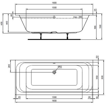CONCEPT 100 vaňa duo 180x80 cm, pre 2 osoby, bez nožičiek, akrylát K864301 Technický nákres