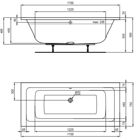 CONCEPT 200 vaňa 170x75 cm, pre 2 osoby, bez nožičiek, akrylát K866001 Technický nákres